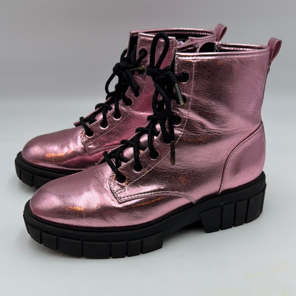 Metallic Pink Combat Boots with Black Laces and Chunky Sole madden nyc